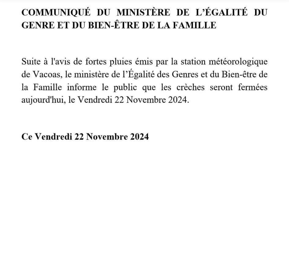 Communiqué du Ministère de l'Égalité du Genre et du Bien-être de la Famille